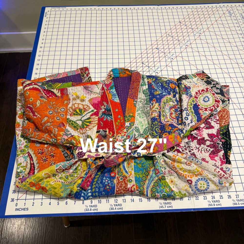 Handmade Kantha Quilt Robe Women OS Multi Patchwork Cotton Kimono Jacket Boho - Picture 7 of 13